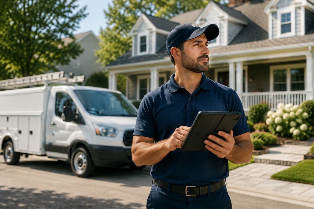 Home service technician reviewing property details on a tablet outside a Long Island home