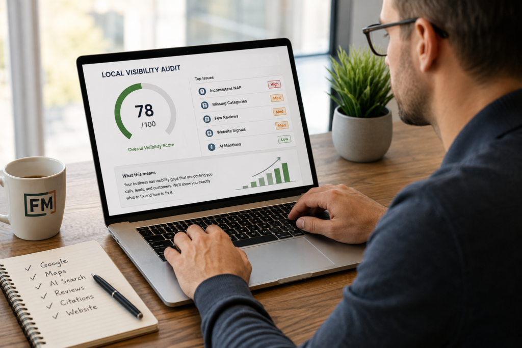 Fieldmark Local visibility audit dashboard showing search, Maps, reviews, citations, website and AI visibility checks