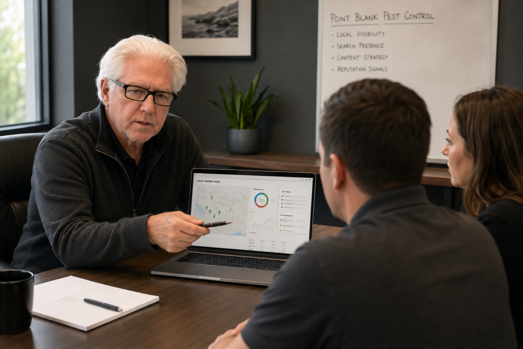 Fieldmark Local consultant presenting a local visibility audit to Point Blank Pest Control in an office meeting