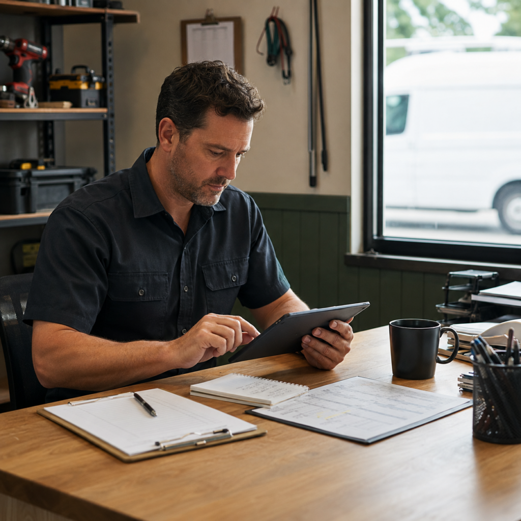 Home-service business owner reviewing operations on a tablet