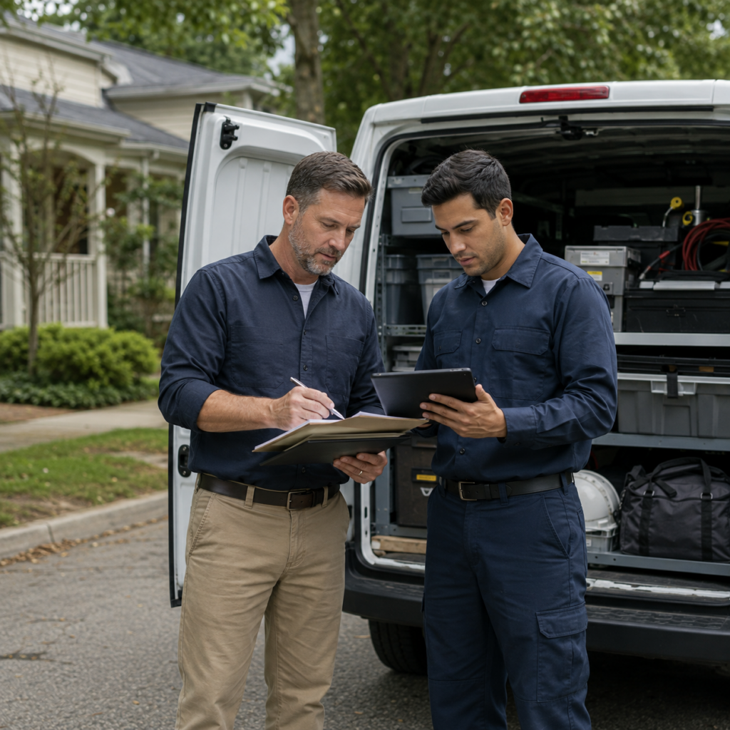 Pest control business owner and technician reviewing service notes beside a service van