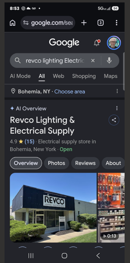 Google mobile result for Revco Bohemia showing the AI Overview label above the business name