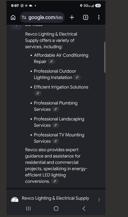 Google Services section listing six contractor services that Revco Bohemia does not offer