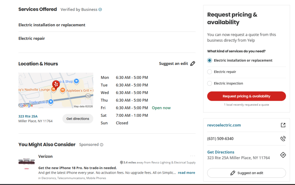 Yelp listing for the former Miller Place location showing inaccurate electrical installation and repair services under Verified by Business